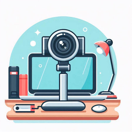 Vector illustration of video camera, laptop, books and lamp on tableのイラスト素材