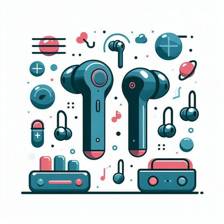 Colorful flat vector illustration of modern headphones on white background. Music and entertainment concept.のイラスト素材