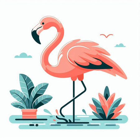 Flamingo in the garden. Vector illustration in flat style.のイラスト素材
