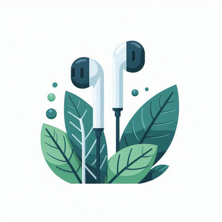 Wireless headphones with green leaves. Modern flat style vector illustration.のイラスト素材