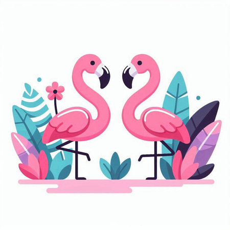 Two pink flamingos and tropical leaves. Vector illustration in flat styleのイラスト素材
