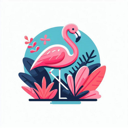 Flat pink flamingo and tropical leaves. Flamingo logo.のイラスト素材