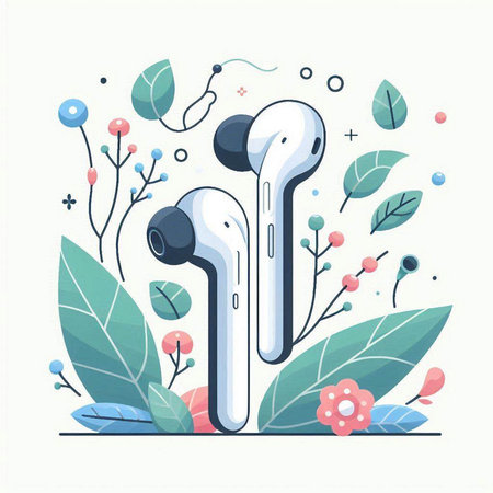 Wireless headphones with flowers and leaves. Modern flat vector illustration.のイラスト素材