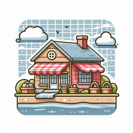 Cute cartoon house on the bank of the river. Vector illustration.のイラスト素材