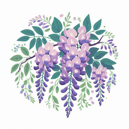Wisteria branch with flowers and leaves. Hand drawn vector illustration.のイラスト素材