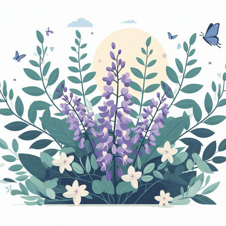 Beautiful vector illustration with purple lupine flowers and butterflies.のイラスト素材