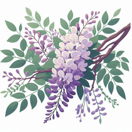 Bouquet of purple wisteria flowers. Vector illustration.のイラスト素材