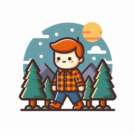 Cute cartoon little boy in a plaid shirt standing in the forest. Vector illustration.のイラスト素材
