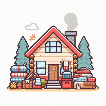 Cottage with chimney and chimney, flat vector illustration.のイラスト素材