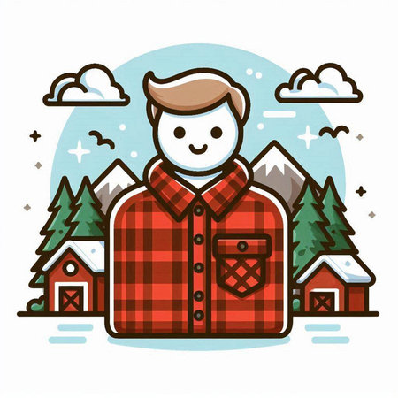 Vector illustration of man in red checkered shirt standing in front of farm houseのイラスト素材