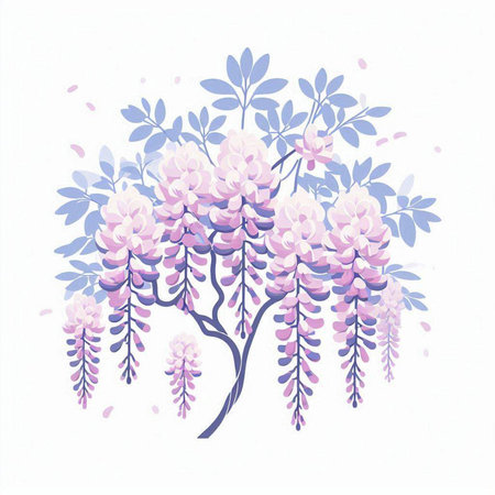 Beautiful pink wisteria flowers on white background. Vector illustration.のイラスト素材