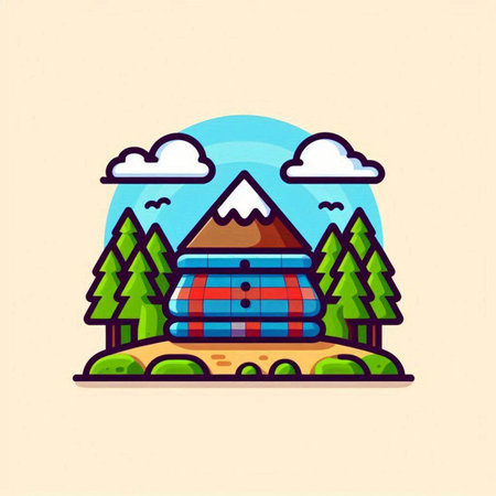 Wooden house in the forest. Vector illustration in flat style.のイラスト素材