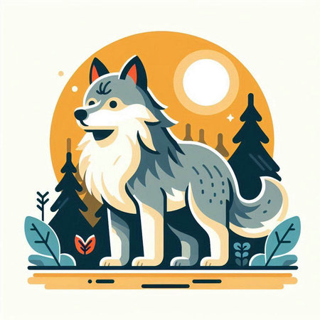 Cute wolf in the forest. Vector illustration in flat style.のイラスト素材