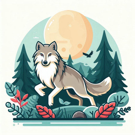 Vector illustration of a wolf in the forest at night. Vector illustration.のイラスト素材