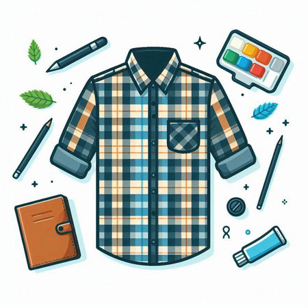 Vector illustration of checkered shirt with stationery items on white backgroundのイラスト素材