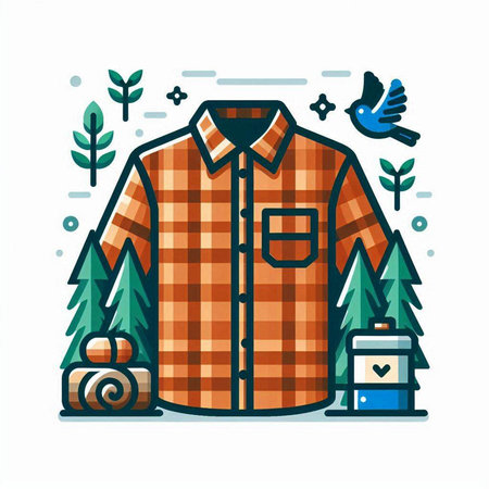 Vector illustration of men's shirt and camping equipment in flat style.のイラスト素材