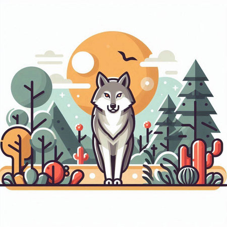 Vector illustration of a wolf in the forest. Flat style design.のイラスト素材