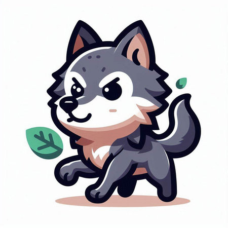 Illustration of a cute cartoon wolf with a leaf in its mouthのイラスト素材