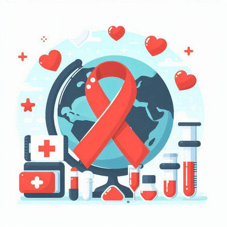 Vector illustration of World Aids Day concept with red ribbon, blood test tubes and globe.のイラスト素材
