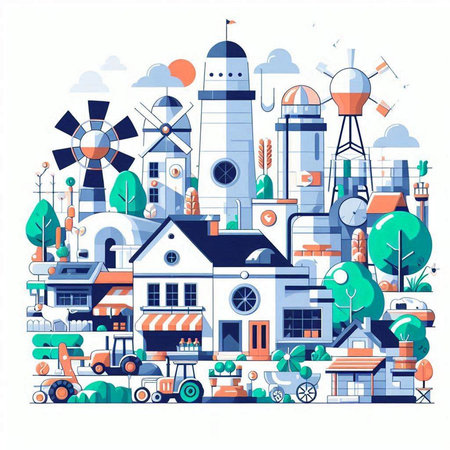 Vector illustration of a town with houses, windmills, cars and houses.のイラスト素材