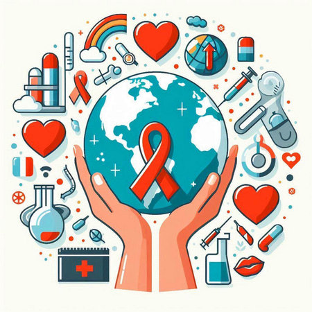 Vector illustration of World Aids Day. Red ribbon on the globe in hand.のイラスト素材