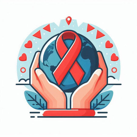 World AIDS Day. Vector illustration of a hand holding a globe with a red ribbon.のイラスト素材