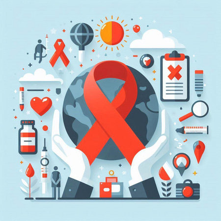 World aids day concept with red ribbon and icons. Vector illustration.のイラスト素材