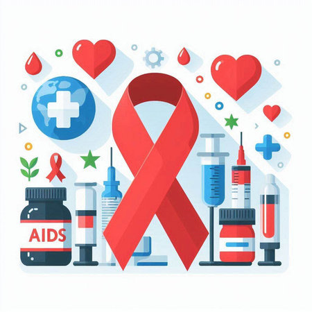 Red ribbon and medical icons on white background. World AIDS Day. Vector illustration.のイラスト素材