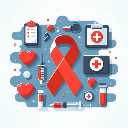 Vector illustration of red ribbon with medical icons on white background. World AIDS Day.のイラスト素材