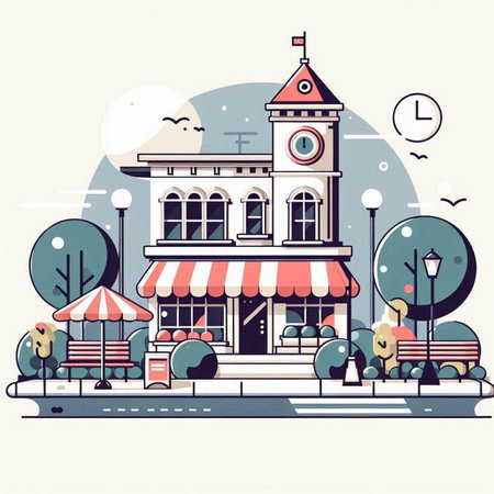 Vector illustration of a shopping mall in the center of the city.のイラスト素材