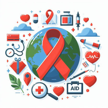 World AIDS Day concept with red ribbon and icons. Vector illustration.のイラスト素材
