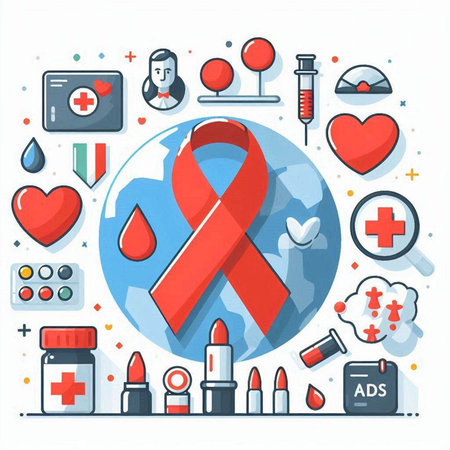 Vector illustration of World Aids Day. Red ribbon on the background of medical icons.のイラスト素材