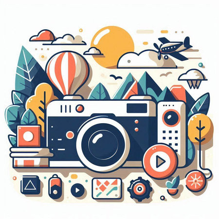 Vector illustration of modern flat line art travel and vacation concept with camera and icons.のイラスト素材