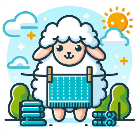 Cute sheep with a towel on the clothesline. Vector illustration.のイラスト素材