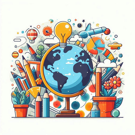Back to school concept with globe and school supplies. Vector illustration.のイラスト素材