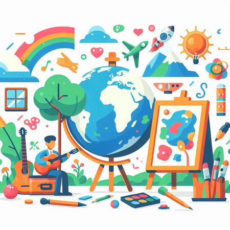 School and education concept vector illustration in flat cartoon style. Design elements for banners, posters, web sites.のイラスト素材