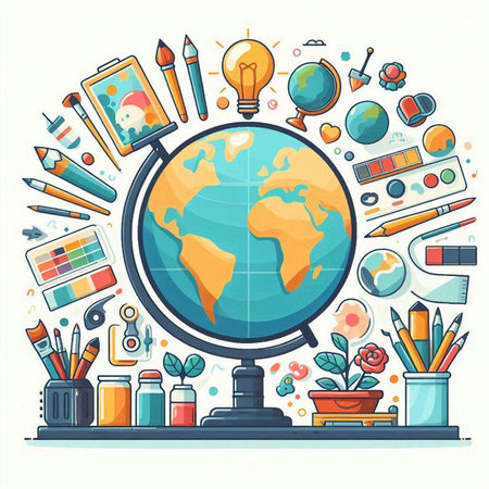 Vector illustration with globe and school supplies. Back to school concept.のイラスト素材