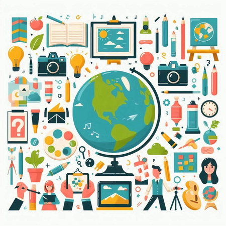 Back to school flat design icons set with globe and education elements isolated vector illustrationのイラスト素材