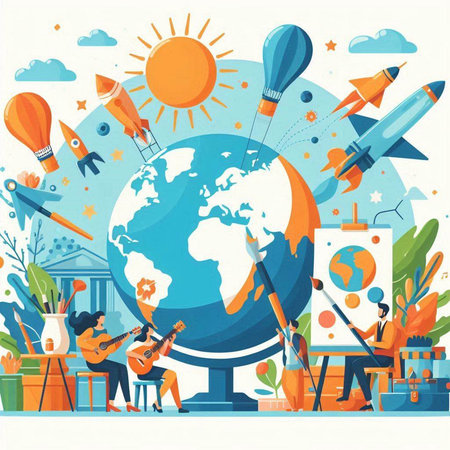 Traveling around the world. Flat vector illustration in cartoon style.のイラスト素材