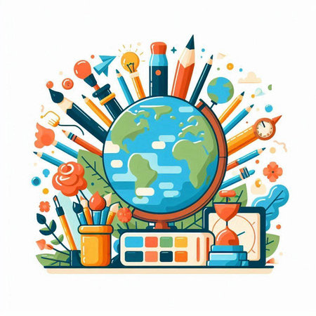 Back to school concept with globe, school supplies and flowers. Vector illustrationのイラスト素材
