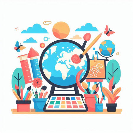 Back to school concept with globe and school supplies. Vector illustration.のイラスト素材