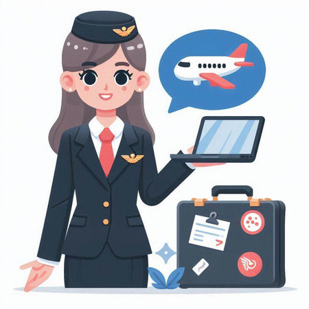 Airline stewardess holding laptop. Vector illustration in flat styleのイラスト素材