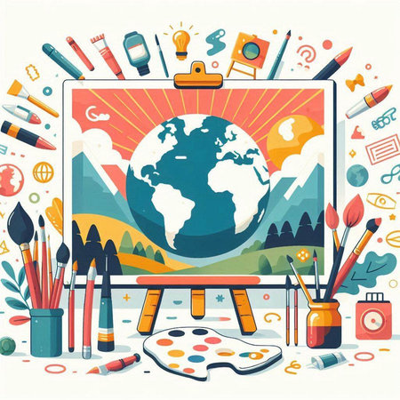 Art school background. Vector illustration in flat cartoon style. Back to school.のイラスト素材