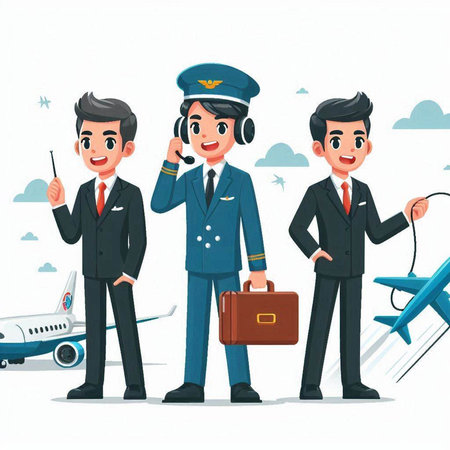 Cartoon pilot and stewardess in uniform with airplane. Vector illustrationのイラスト素材