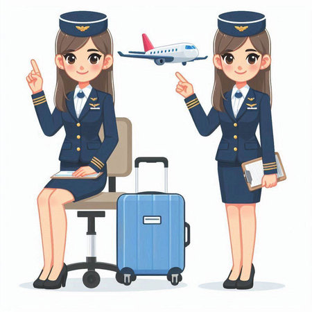 Air hostess in uniform with suitcase and airplane. Vector illustration.のイラスト素材