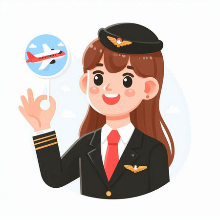 Cute stewardess in uniform shows OK sign. Vector illustration.のイラスト素材
