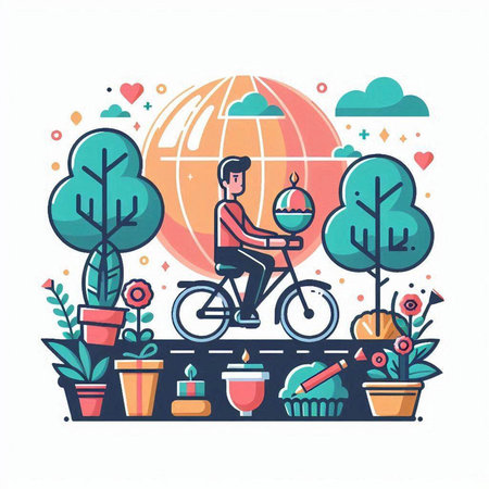 Vector illustration of a man riding a bicycle in a park. Flat style design.のイラスト素材