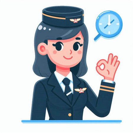 Air hostess in uniform showing ok sign. Vector illustration in cartoon style.のイラスト素材