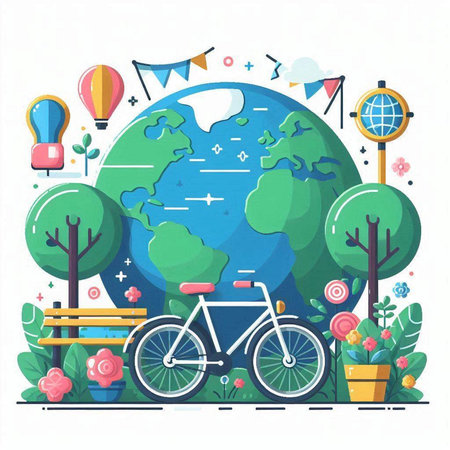 Flat design vector illustration concept of travel around the world with bicycle, park, city scape.のイラスト素材