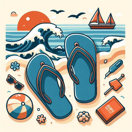 Beach vacation vector illustration with flip flops, sandals and beach accessories.のイラスト素材